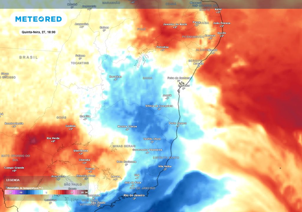Previsão de anomalias de temperatura em 850 hPa nesta quinta-feira mostra uma parte da massa de ar frio avançando sobre a Bahia, após ser impulsionada por um ciclone intenso.