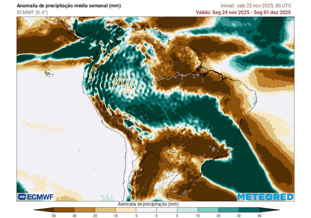 Previsão de anomalia de chuva entre os dias 24 de novembro e 01 de dezembro mostra uma faixa de precipitação intensa afetando estados do Sudeste, Centro-Oeste, Nordeste e Norte.