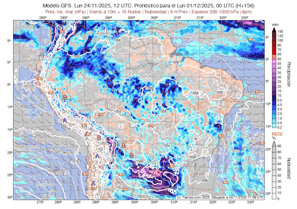 Previsão de chuvas na madrugada do dia 01 de dezembro mostra uma frente fria avançando pela região Sul e causando tempestades sobre o RS, SC e PR bem na virada do mês.