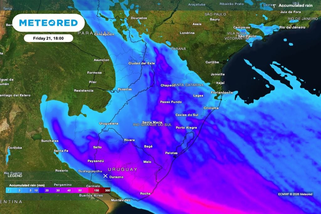chuva, acumulada, anomalia Previsão de chuva acumulada (mm) até sexta-feira (21), às 18h.