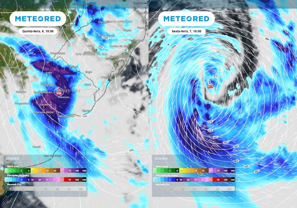 Previsão de pressão, nebulosidade e chuva às 15h da quinta-feira (esquerda) e 15h da sexta-feira (direita). Previsão de pressão, nebulosidade e chuva às 15h da quinta-feira (esquerda) e 15h da sexta-feira (direita) mostra um desenvolvimento rápido, com a pressão caindo mais do que 24 hPa em 24h.