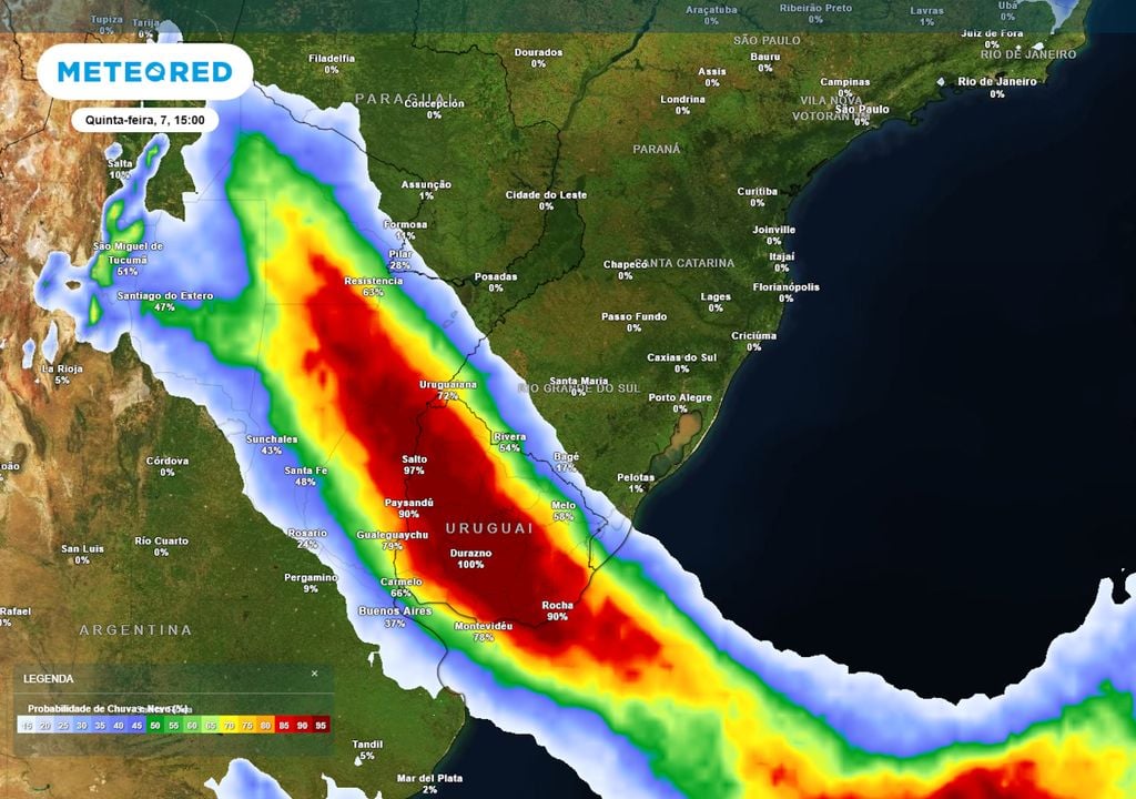 Previsão de probabilidade de chuva na quinta-feira durante a tarde mostra a chegada da frente fria no Rio Grande do Sul. Antes de atuar no Brasil, o sistema causará tempestades no Uruguai.