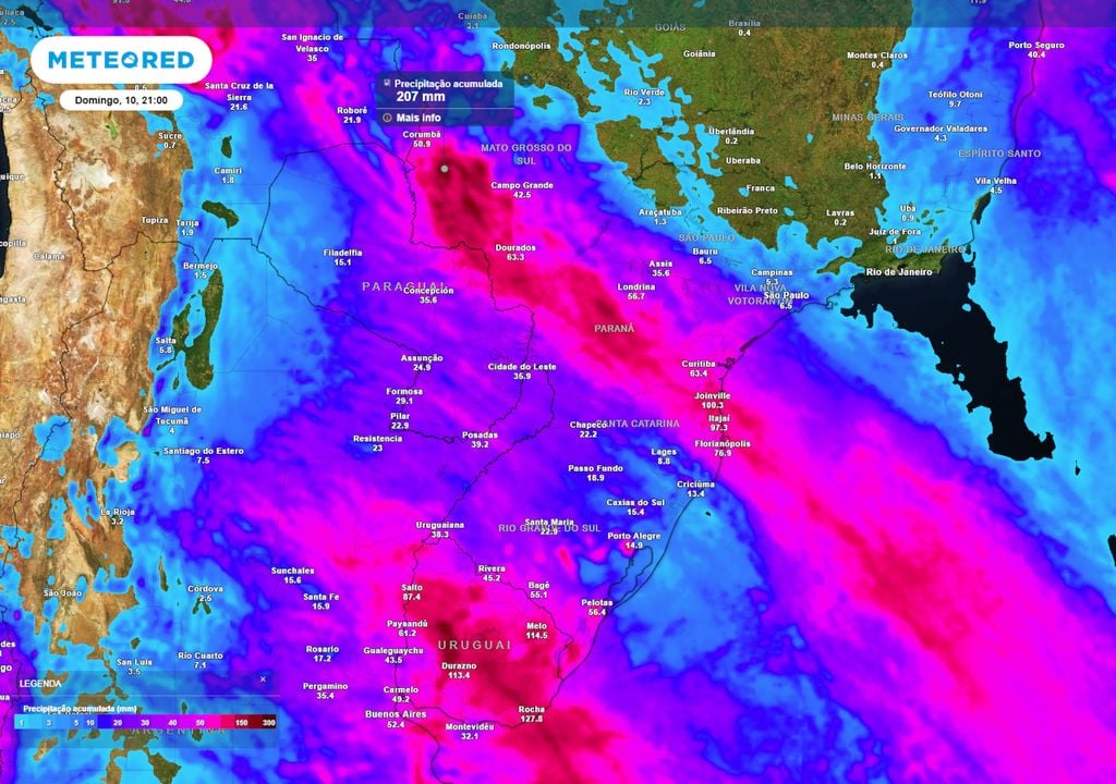 Previsão de acumulados totais de chuva até o final do domingo mostra que o Uruguai, Mato Grosso do Sul e Paraná serão os estados mais afetados pela chuva ao longo da passagem da frente fria.
