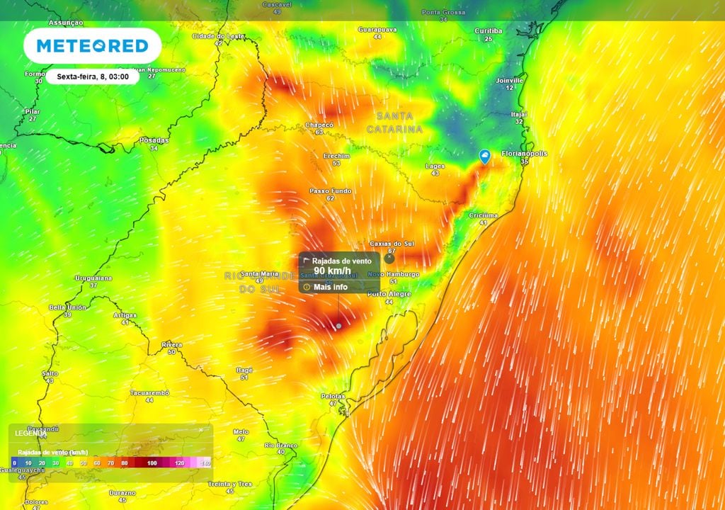 Previsão de rajadas de vento na sexta-feira de madrugada mostra rajadas de vento de 90 km/h durante a passagem da frente fria nos estados de RS e SC. As velocidades reais podem ser maiores.