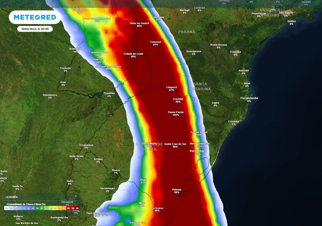 Previsão de probabilidade de chuva na sexta-feira durante a madrugada mostra a frente fria avançando pelo Rio Grande do Sul, Santa Catarina, Paraná e Mato Grosso do Sul, com tempestades.