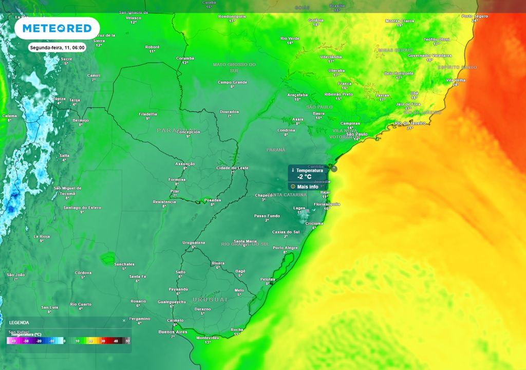 Previsão de temperaturas mínimas na segunda mostra que a massa de ar frio fará as temperaturas caírem para valores negativos na região Sul. Há risco de geadas fortes e abrangentes.