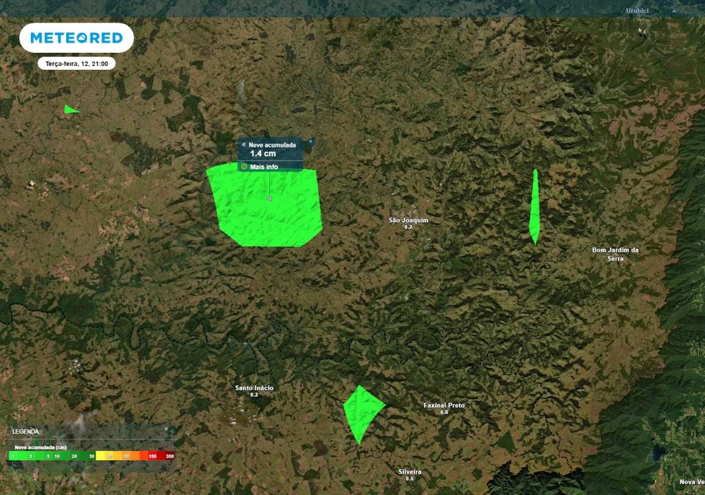 Previsão de neve acumulada ao longo do final de semana na região da serra catarinense (municípios ao redor de São Joaquim) corrobora a ocorrência de neve em municípios pontuais.