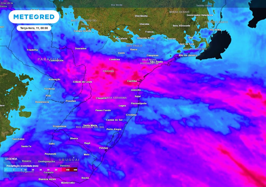 Previsão de acumulados totais de chuva até o final da próxima segunda-feira mostra que as chuvas podem atingir valores em torno de 150 mm totais sobre o Paraná, causando transtornos.
