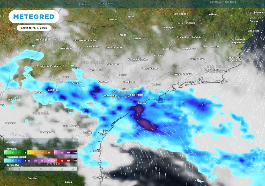 Previsão de nebulosidade, ventos e chuva na sexta-feira durante a noite mostra a frente fria chegando ao estado de São Paulo, causando pancadas de chuva sobre parte da região.