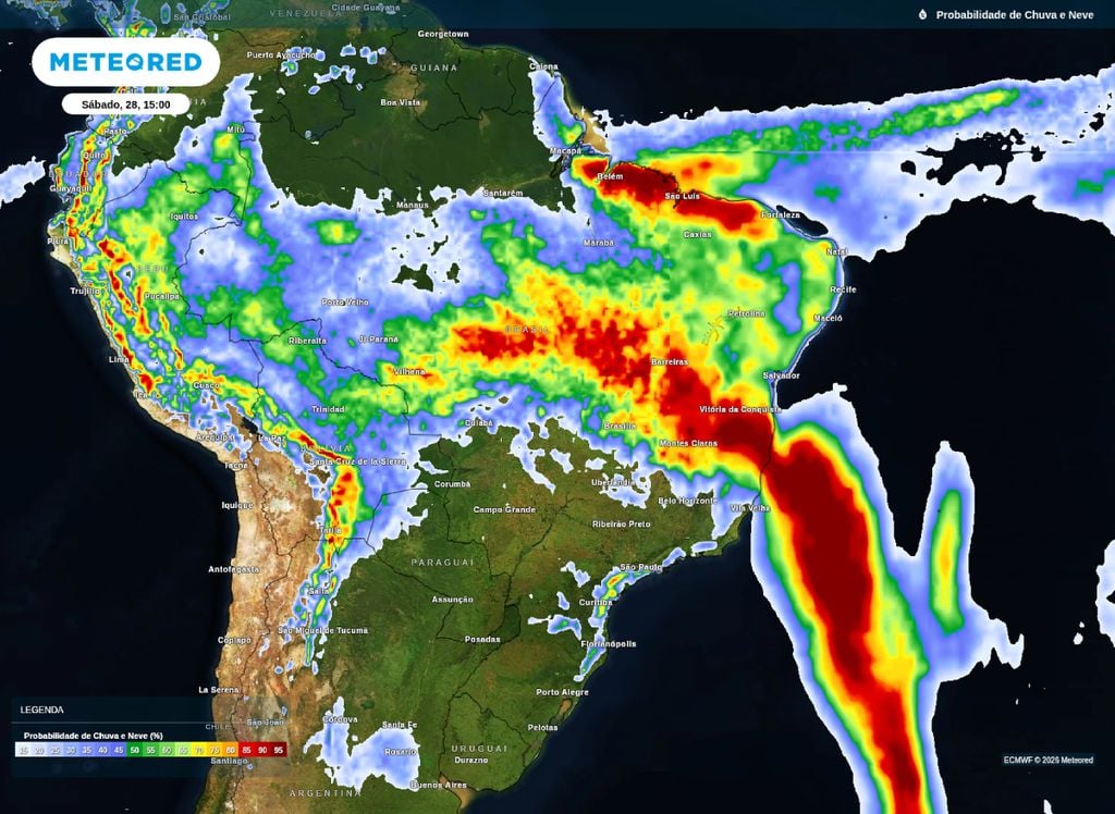 Mapa de probabilidade de chuva na tarde deste sábado (28). Mapa de probabilidade de chuva na tarde deste sábado (28).