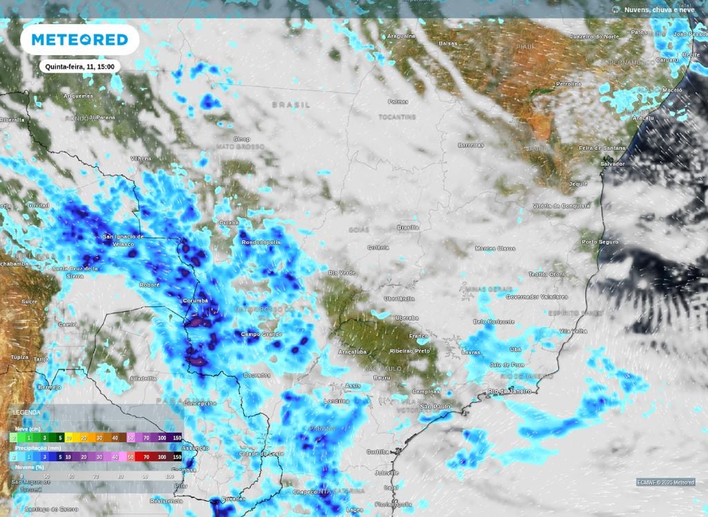 Previsão de chuva. Mapa de precipitação e nebulosidade para a tarde desta quinta-feira (11) sobre o Centro-Oeste e Sudeste do Brasil.