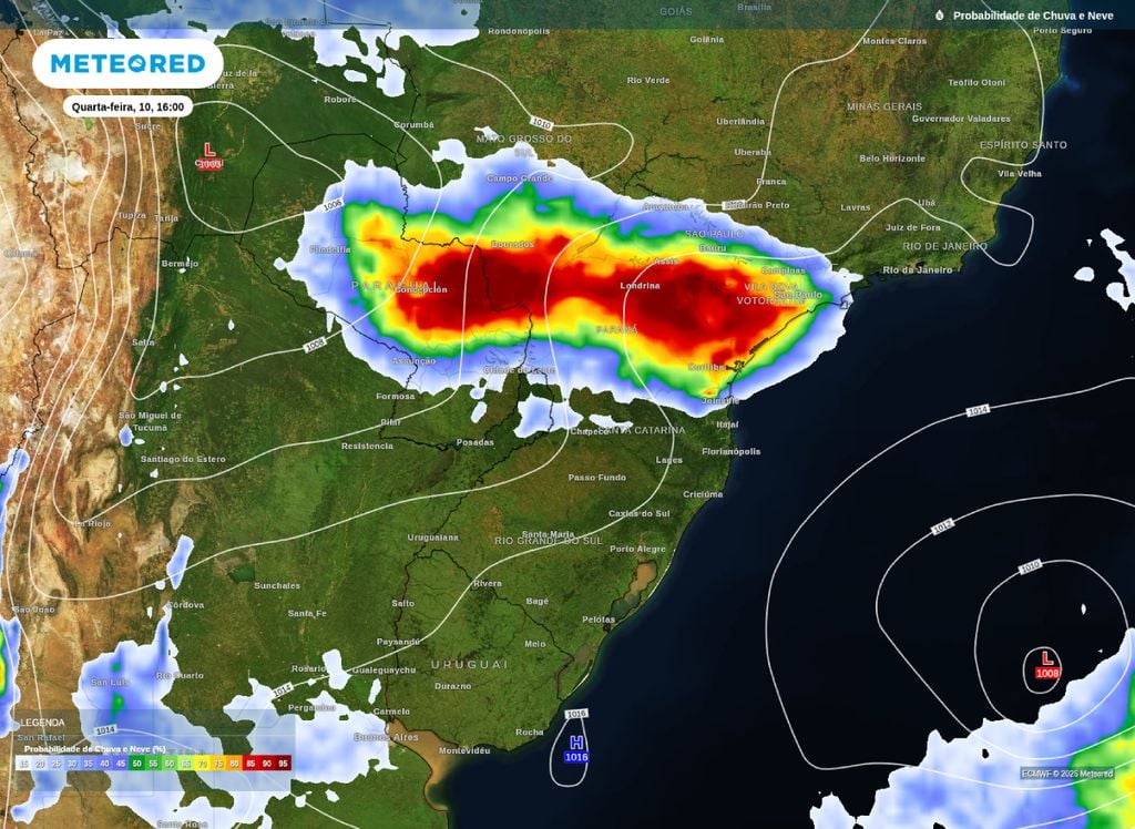Probabilidade de precipitação. Mapa de probabilidade de precipitação para a tarde desta quarta-feira (10) sobre a Região Sul do Brasil.