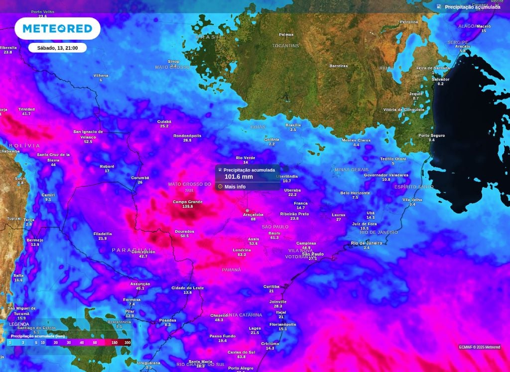 Previsão de chuva acumulada.. Previsão de precipitação acumulada até o final da noite de sábado (13), sobre o Centro-Oeste e Sudeste do Brasil.