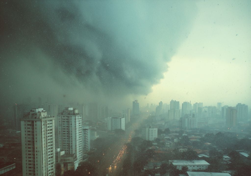 Imagem de tempestade avançando por uma cidade. Gerado por inteligência artificial. Frente fria e massa de ar polar trazem chuva, geadas e uma nova onda de frio para o Sul, Sudeste e Centro-Oeste do Brasil na próxima semana. Confira quais estados serão mais afetados.