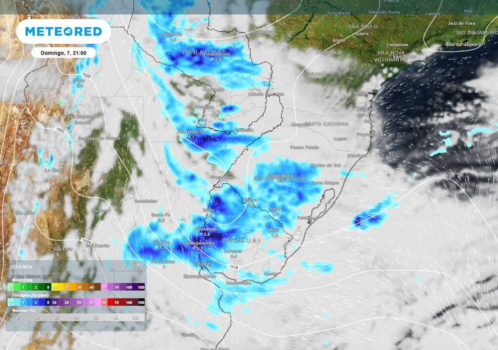 Previsão de pressão, nebulosidade, ventos e chuva no domingo durante a noite. Previsão de pressão, nebulosidade, ventos e chuva no domingo durante a noite ilustra a formação do sistema, que ocasionará pancadas moderadas de chuva em estados do Sul.