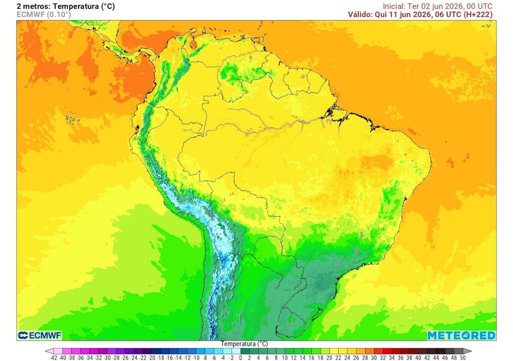 Previsão de temperaturas na quinta-feira às 6UTC. Previsão de temperaturas na quinta-feira às 6UTC mostra temperaturas baixíssimas sendo registradas no RS, SC, PR, SP, sul do MS e sul de MG, trazendo risco de geadas pontuais.
