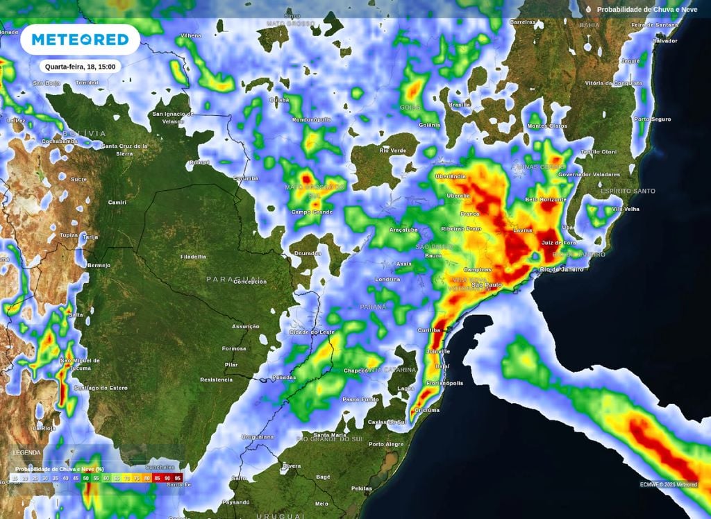 Probabilidade de chuva para a tarde desta quarta-feira (18), segundo o modelo ECMWF.