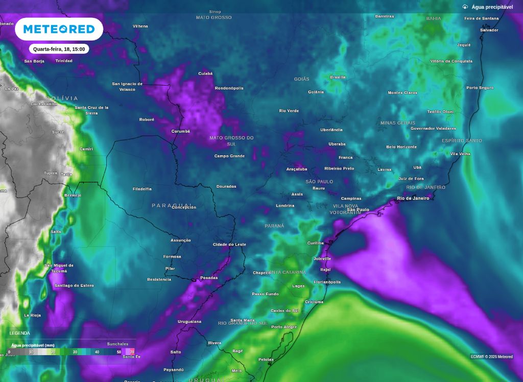 Água precipitável disponível para a tarde desta quarta-feira (18).