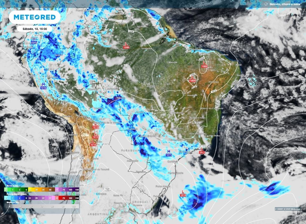 Precipitação, nebulosidade e pressão a nível médio do mar. A previsão mostra a frente fria associada ao ciclone. O sistema frontal conta com o suporte de um canal de umidade e aumenta as chances de chuvas fortes na tarde de sábado (10).