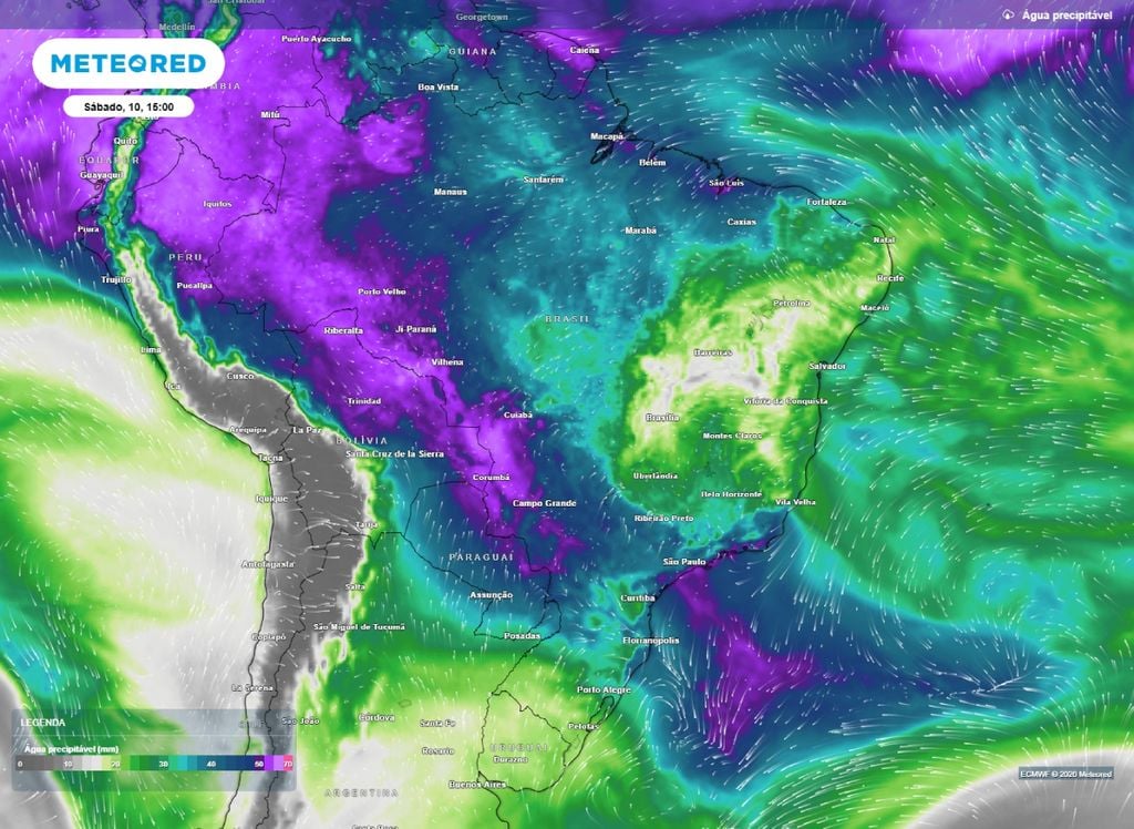 Água precipitável. O mapa mostra a atuação da frente fria e a água disponível na atmosfera.