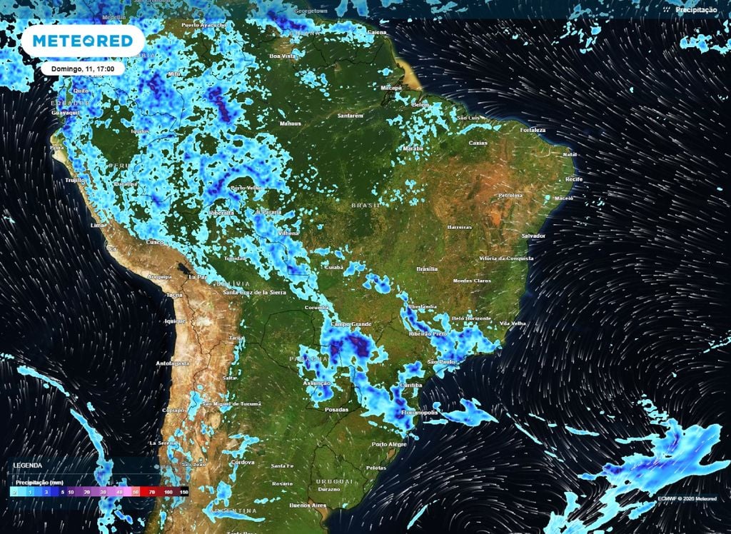 precipitação e ventos No domingo (11) as chuvas diminuem sua área de atuação mas mantém alertas para temporais em áreas pontuais.