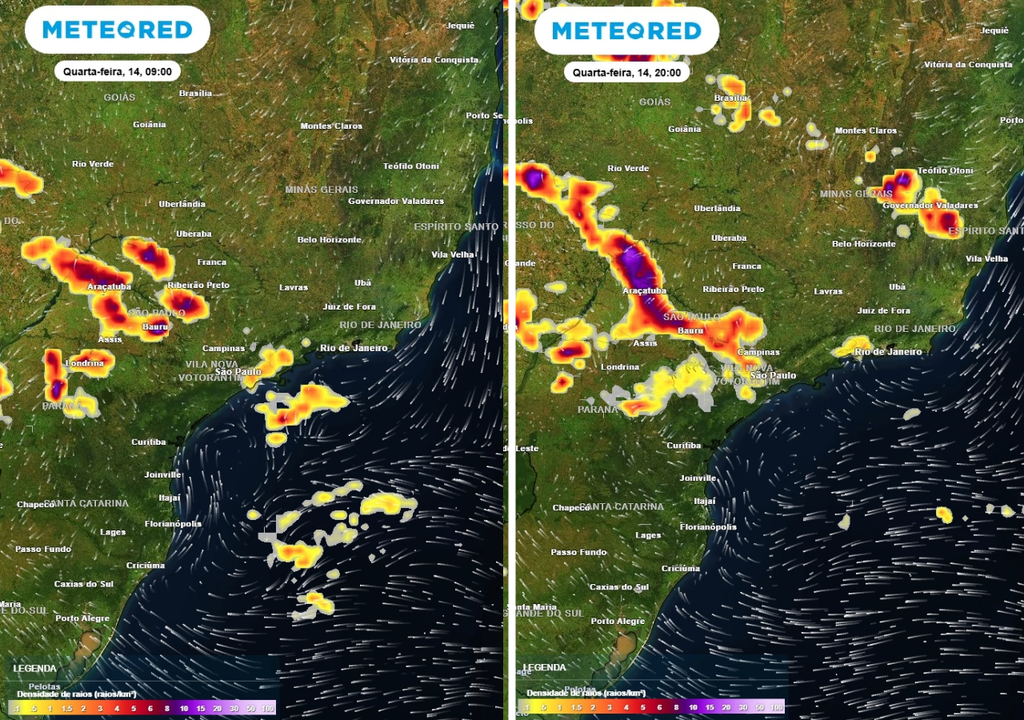 Previsão de densidade de raios para quarta-feira (14) às 9h à esquerda e para às 20h à direita, segundo o modelo europeu ECMWF.