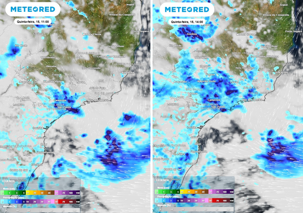 Previsão de chuvas (mm) para quinta-feira (15) às 11h à esquerda e para às 14h à direita, segundo o modelo europeu ECMWF.