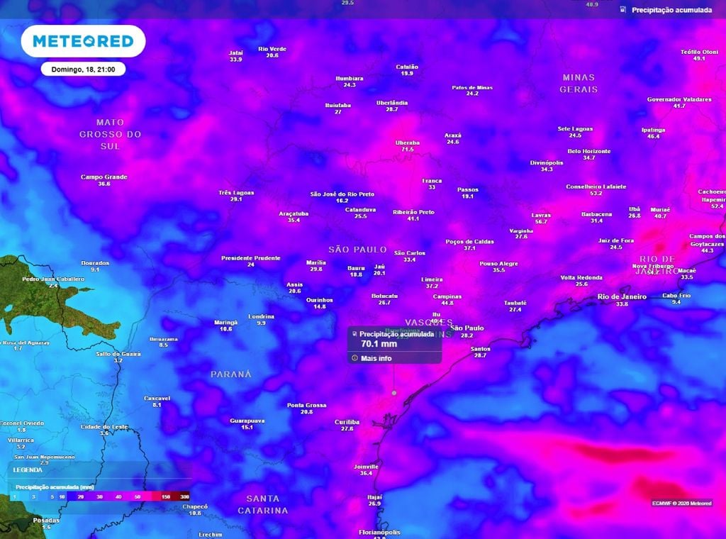 Previsão do acumulado de precipitação (mm) entre hoje (15) e a noite de domingo (18), segundo o modelo europeu ECMWF.