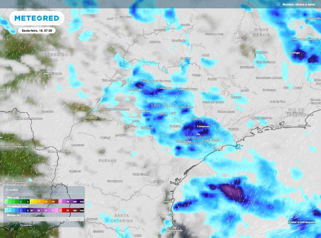 Previsão de chuva (mm) para a sexta-feira (16) às 7h, segundo o modelo europeu ECMWF.