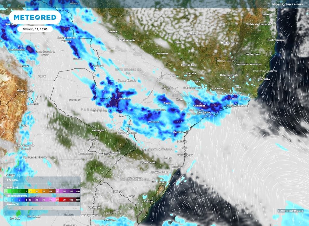 Precipitação. Previsão de chuva para a tarde de sábado (12).