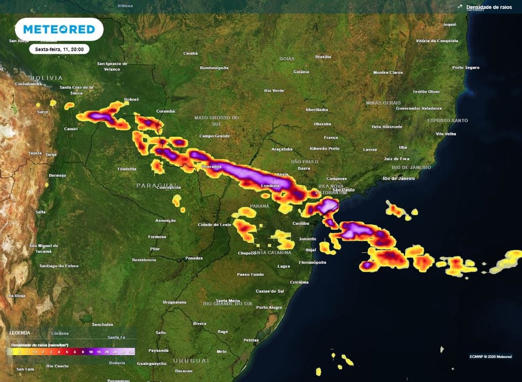 Frente fria. Frente fria avança e deixa municípios do MS e SP em alertas apra tempestades na noite de sexta (11).