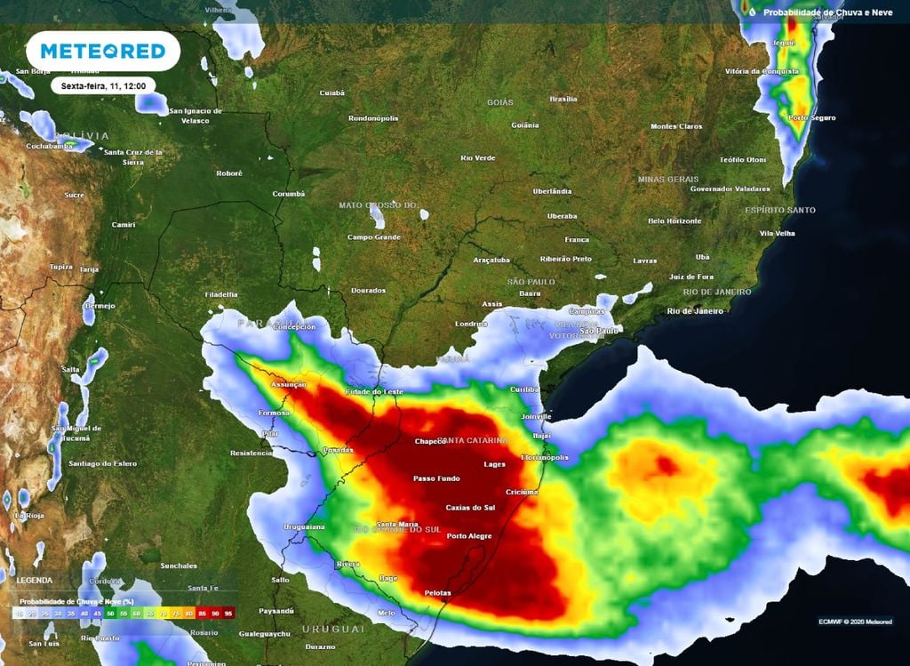 Probabilidade de chuva Mapa de chances de chuva para ao final da manhã desta sexta-feira (11).