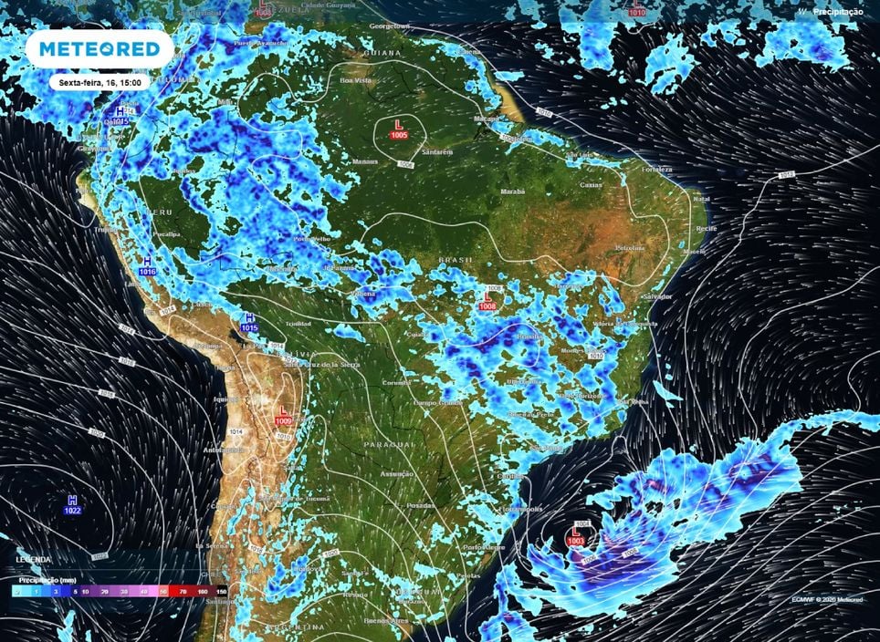 Precipitação prevista para a tarde desta sexta-feira (16). Juntamente com as isóbaras mostrando a localização do ciclone extratropical.