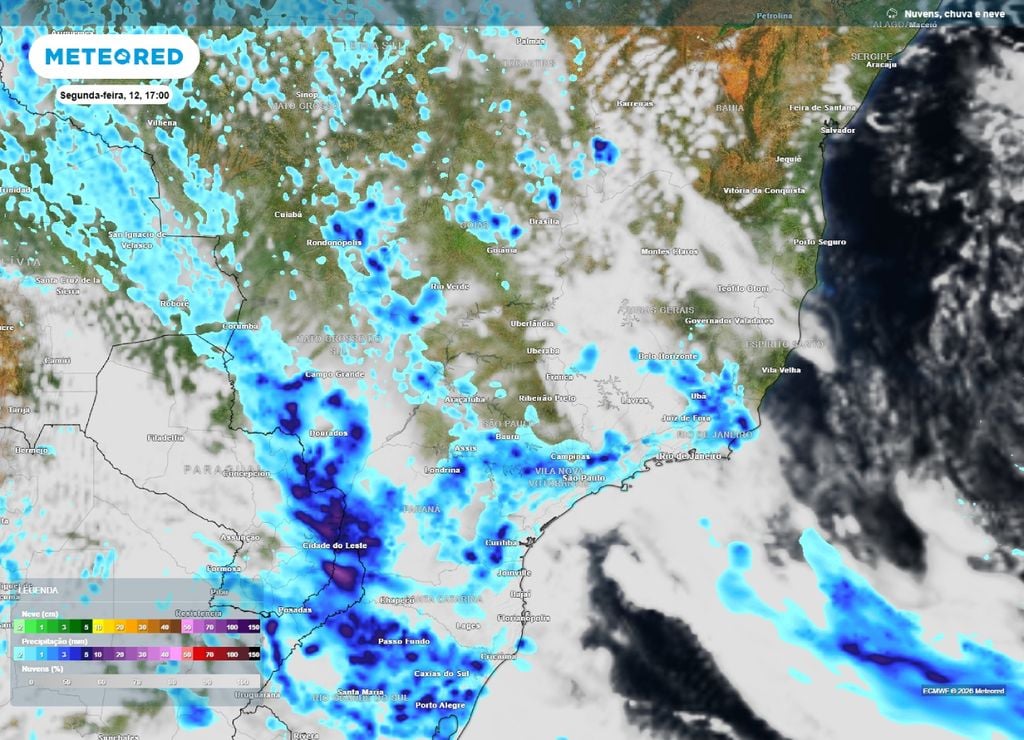 previsão do tempo Previsão de chuva e nebulosidade para a tarde da terça-feira, 13 de outubro.