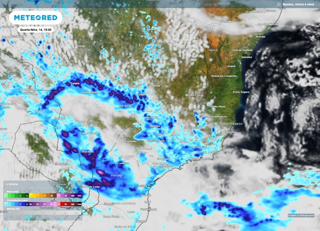 alerta de chuvas intensas e temporais Previsão de chuva e nebulosidade para a tarde da quarta-feira, 14 de outubro.