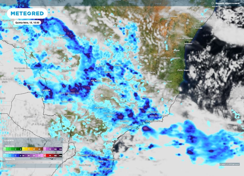 alerta temporais Sudeste Previsão de chuva e nebulosidade para a tarde da quinta-feira, 15 de outubro.