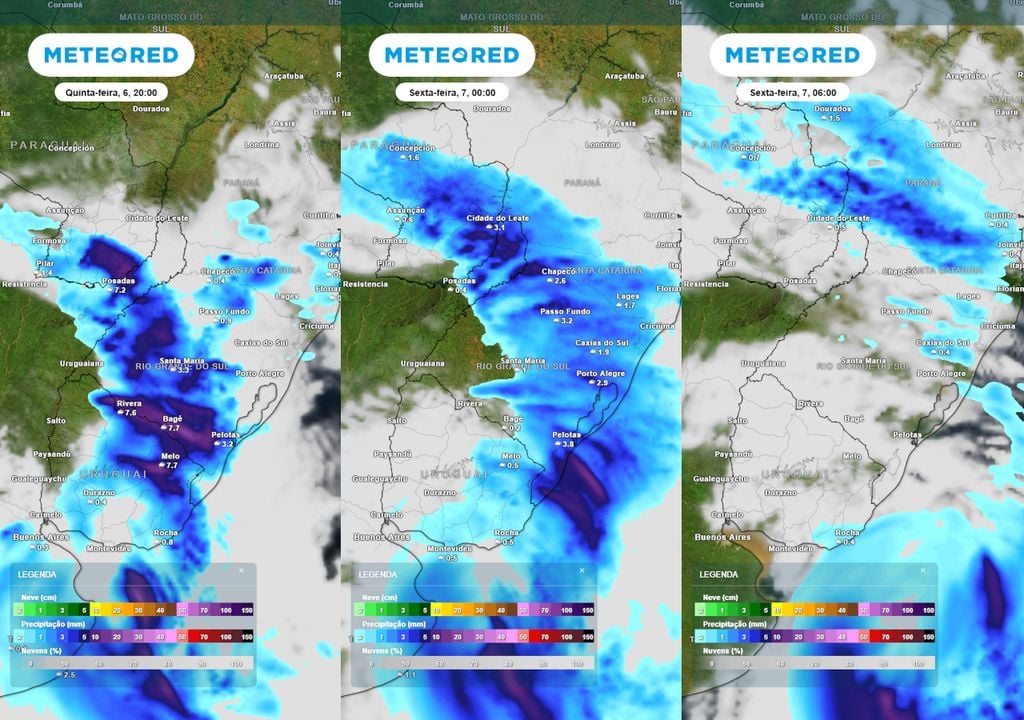 Previsão de nebulosidade e chuva entre a quinta-feira e a sexta feira. Previsão de nebulosidade e chuva entre a quinta-feira e a sexta feira mostram o desenvolvimento e avanço de uma frente fria pela região Sul, causando pancadas de chuva intensas.