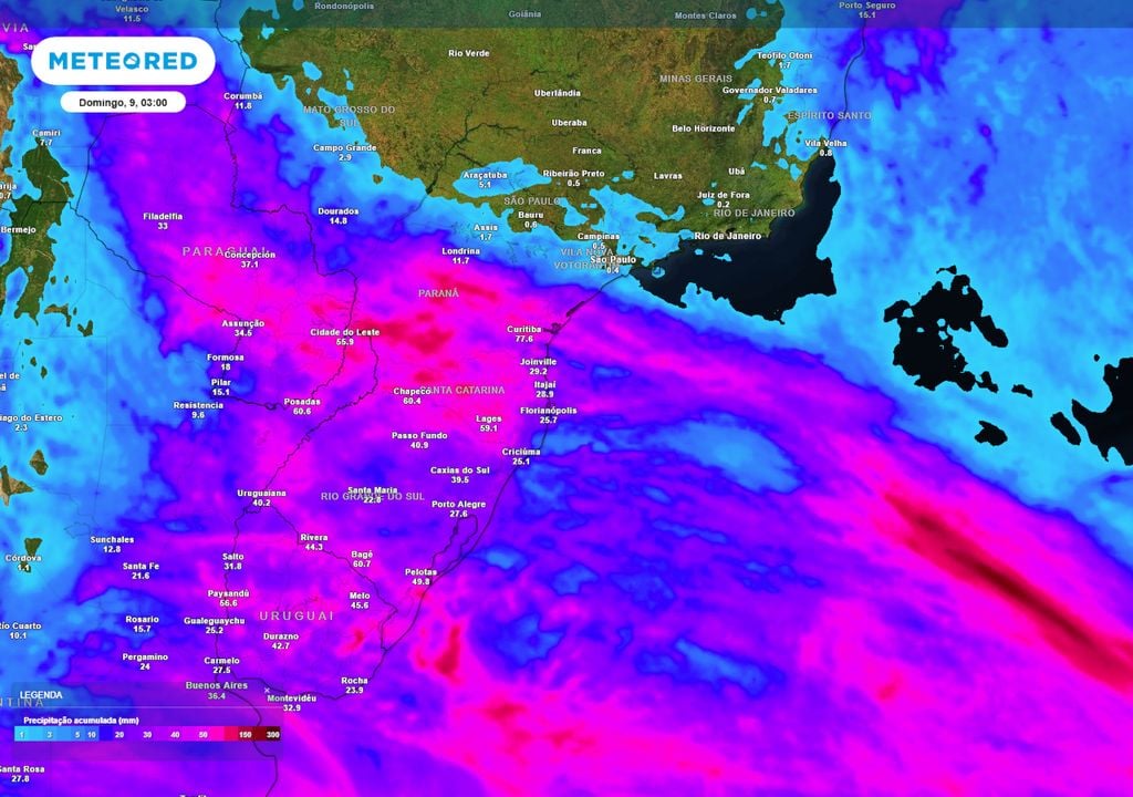 Previsão de acumulados totais de chuva até o final do sábado. Previsão de acumulados totais de chuva até o final do sábado mostra que há risco de acumulados totais próximos aos 150 mm entre Santa Catarina e Paraná, o que causará transtornos.