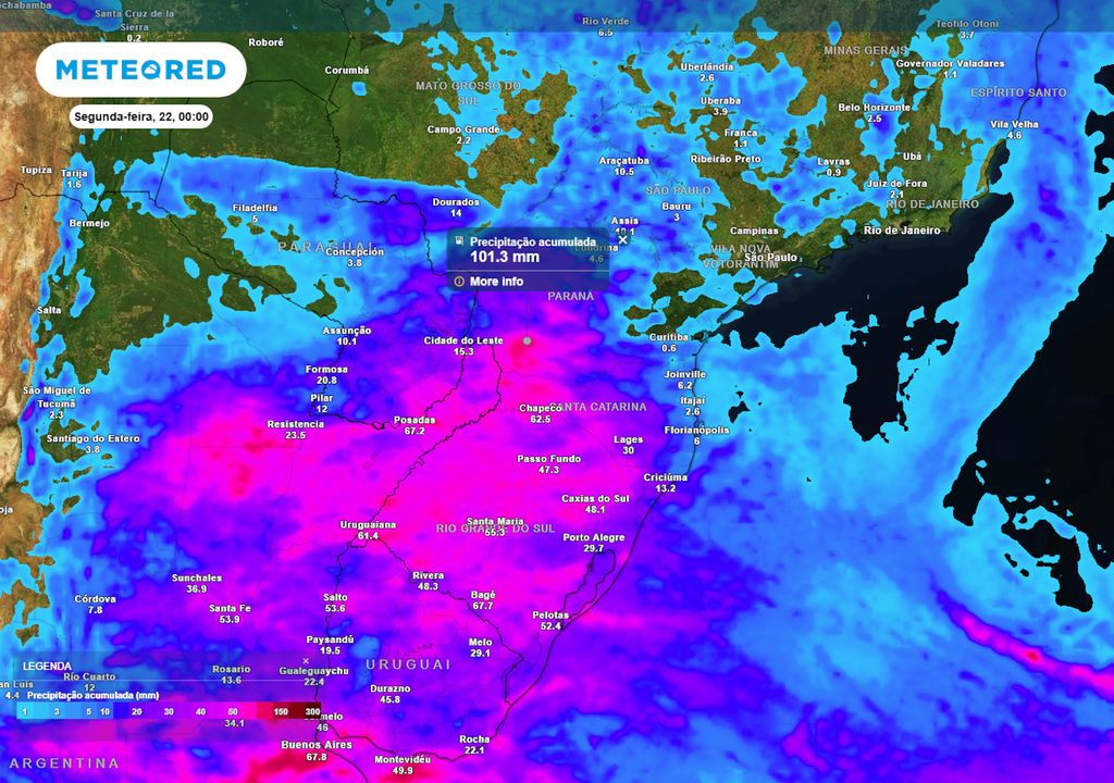 Previsão de acumulados totais de chuva até o final do domingo.