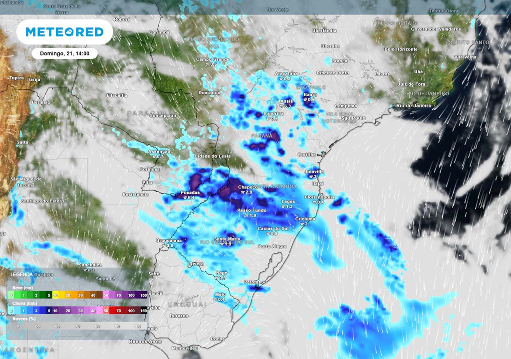 Previsão de nebulosidade, chuva e ventos no domingo durante a tarde.
