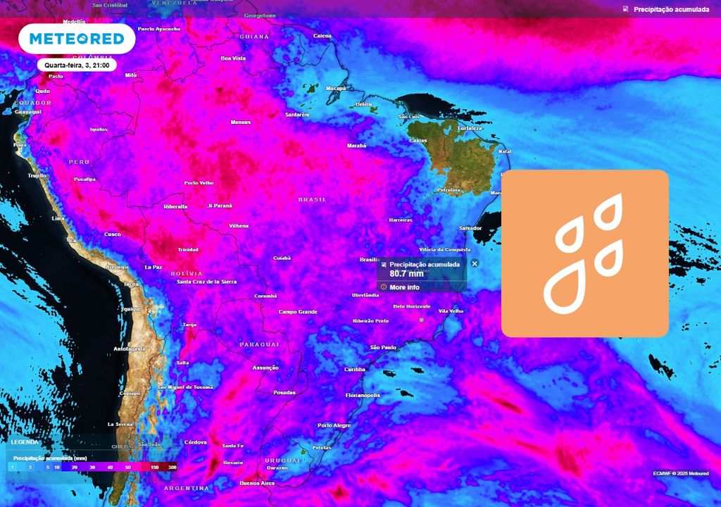 Previsão de previsão acumulada (em mm) para a noite (21h) de quarta-feira (3), segundo o modelo europeu ECMWF.
