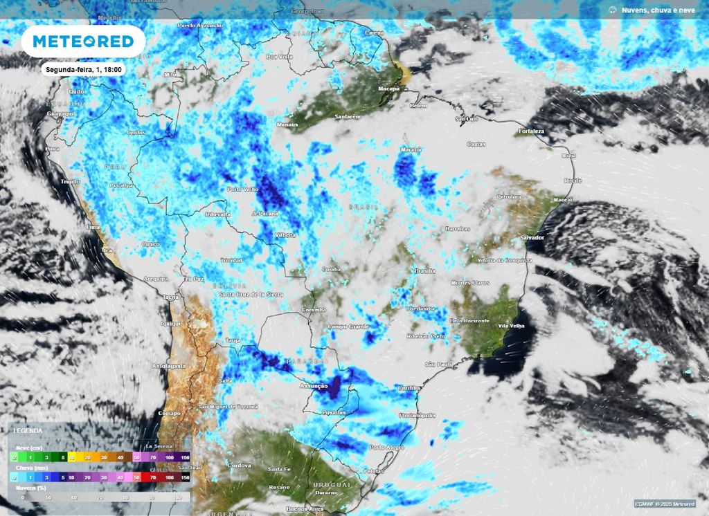 Previsão de precipitação (em mm) para o final da tarde (18h) de segunda-feira (1º de dezembro), segundo o modelo europeu ECMWF.