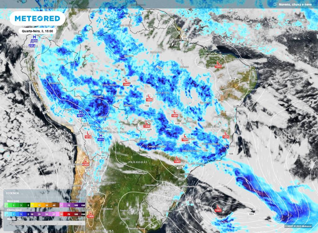 Previsão de precipitação (em mm) e isóbaras (linhas de pressão) para a tarde (15h) de quarta-feira (3), segundo o modelo europeu ECMWF.