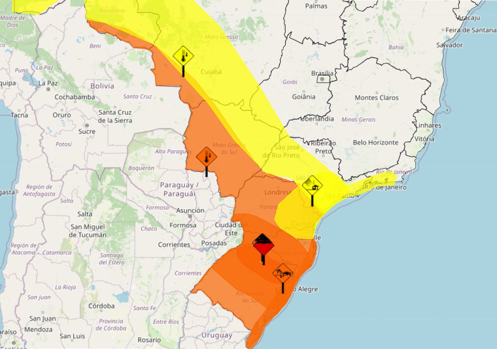 Mapa de Alertas emitidos pelo INMET para este sábado e domingo.