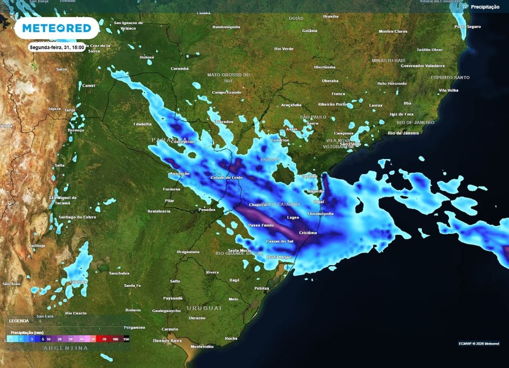 frente fria e ciclone Previsão de chuva para a tarde da segunda-feira, 31 de agosto.