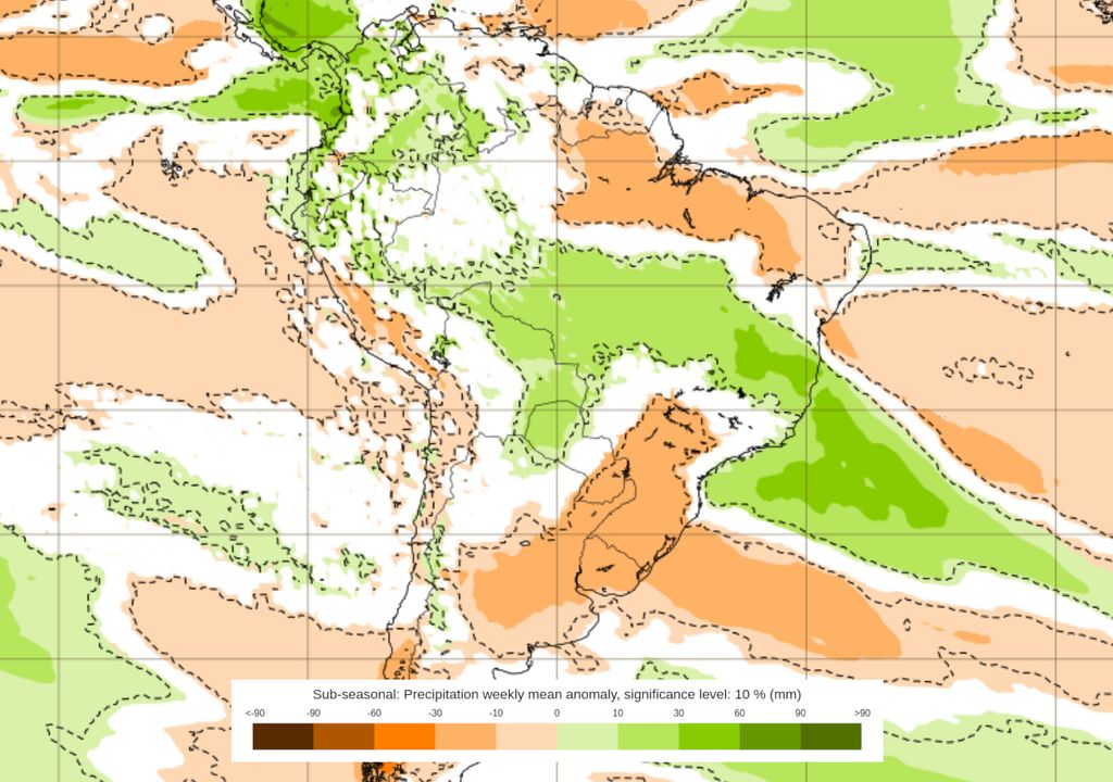 Previsão de anomalias de acumulados de chuva entre os dias 24 de novembro e 1 de dezembro. Previsão de anomalias de acumulados de chuva entre os dias 24 de novembro e 1 de dezembro.