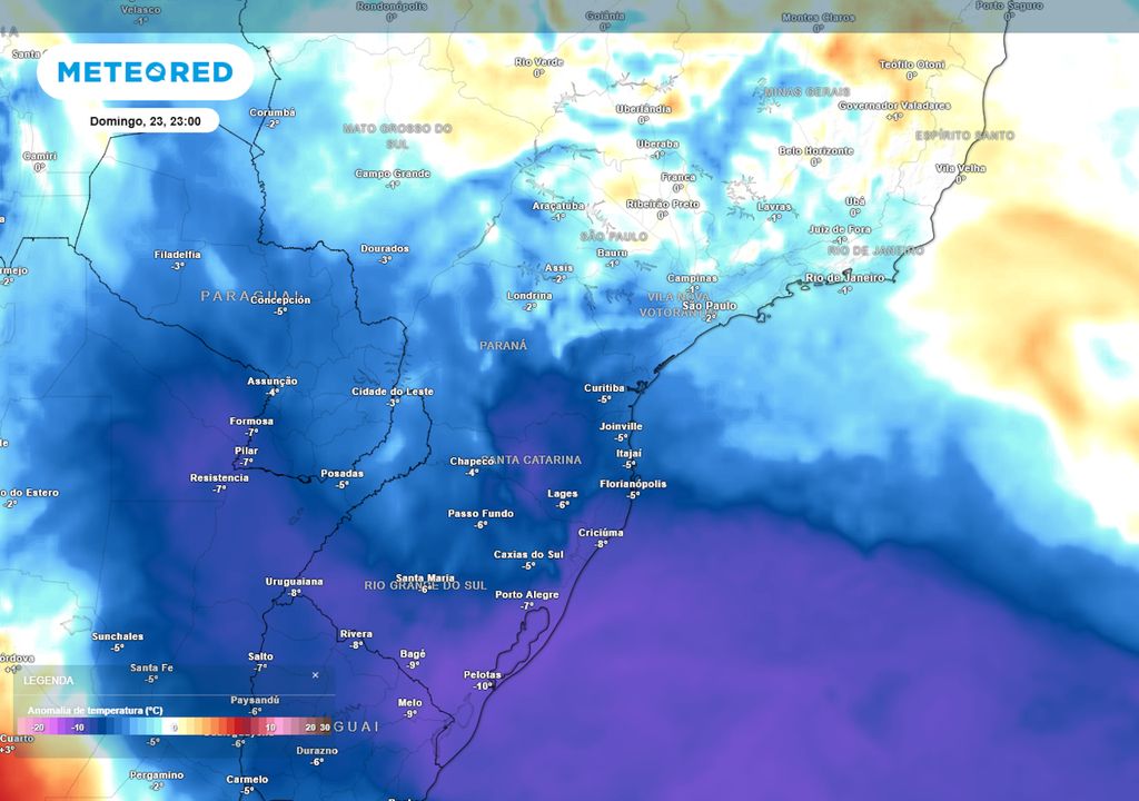 Previsão de anomalias de temperatura em 850 hPa no final do domingo. Previsão de anomalias de temperatura em 850 hPa no final do domingo.