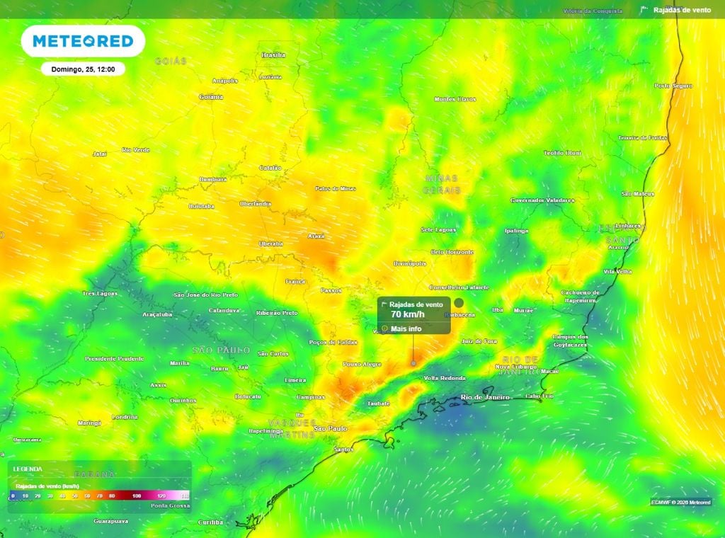 Previsão de rajadas de vento (km/h) para domingo (25) às 12h, segundo o modelo europeu ECMWF.