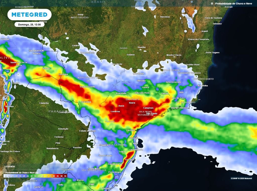 Previsão da probabilidade (%) de precipitação para domingo (25) ás 13h, segundo o modelo europeu ECMWF.