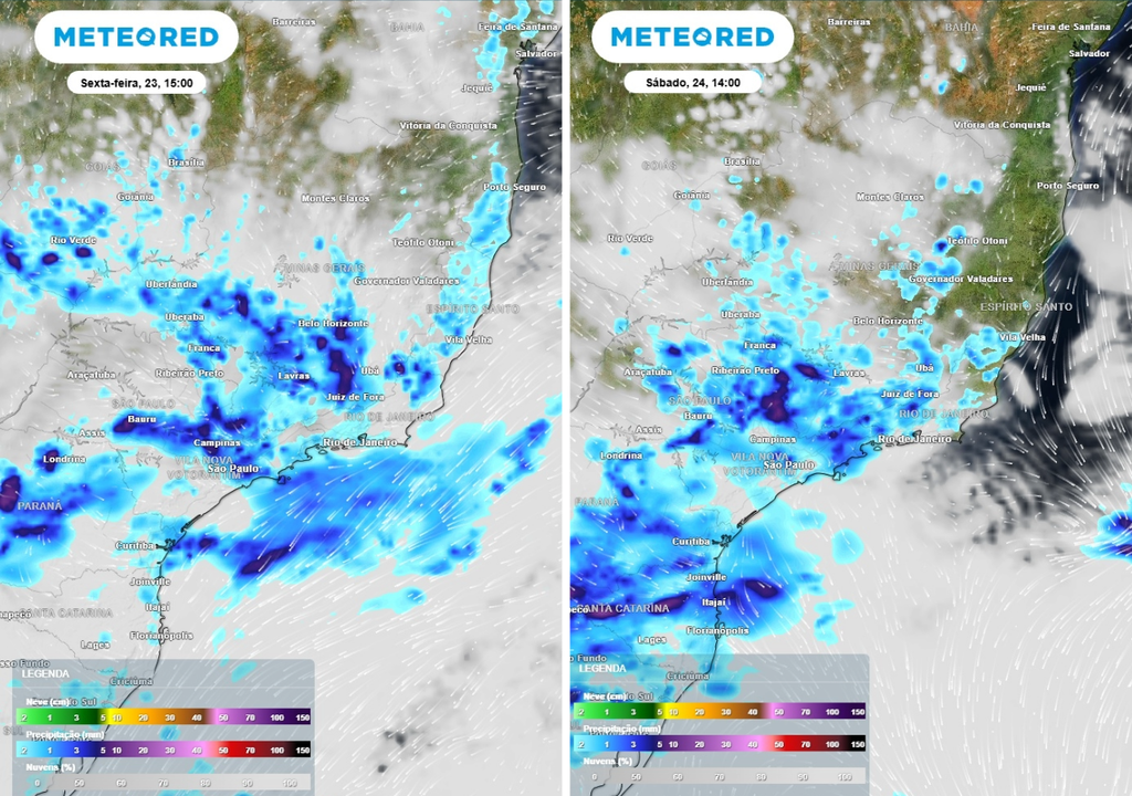 Previsão de chuva (mm) para sexta-feira (23) às 15h à esquerda e sábado (24) às 14h à direita, segundo o modelo europeu ECMWF.